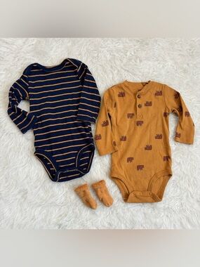 Carter's Navy Stripe and Mustard Bear Long-Sleeve Bodysuits with Socks